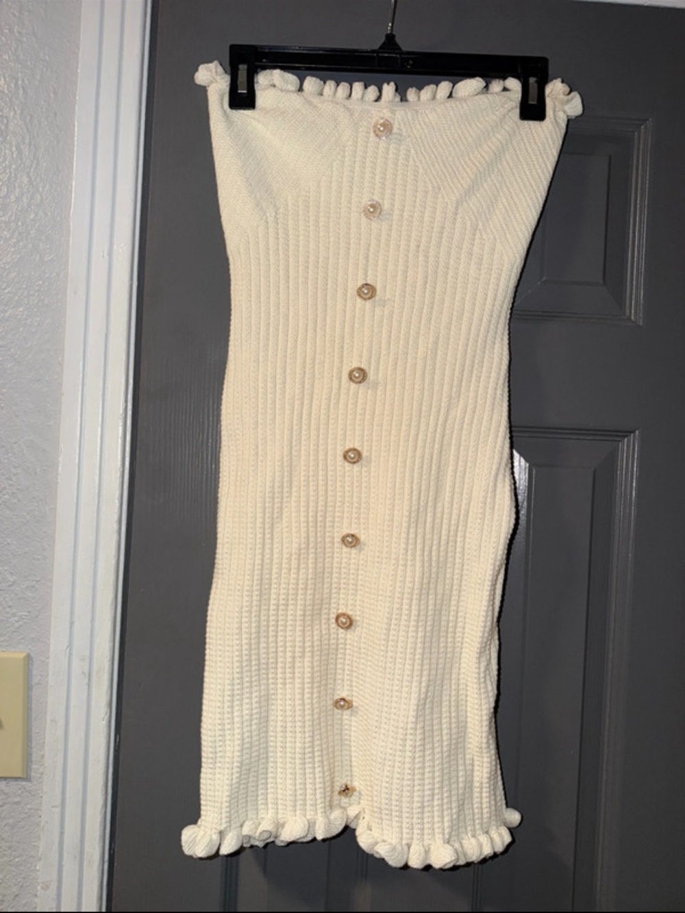 Cream Ribbed Button-Front Strapless Knit Dress